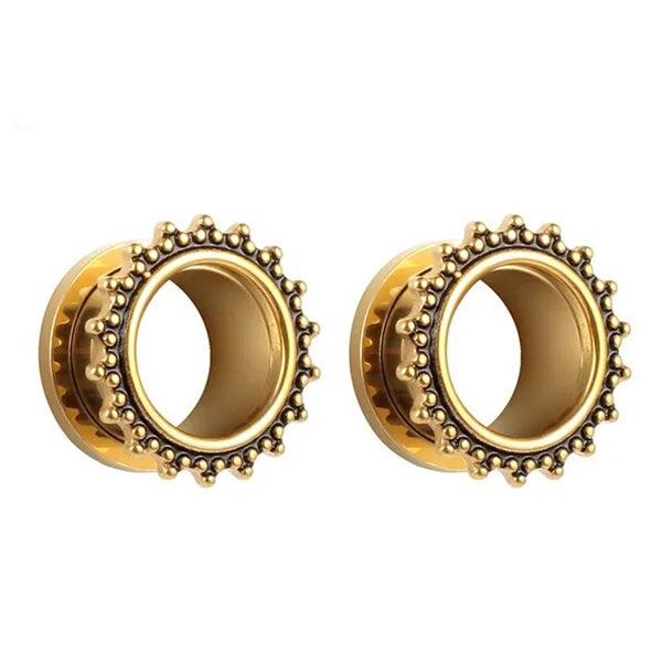 Beaded Gold Screw-On Tunnels Plugs 2 gauge (6mm) Gold
