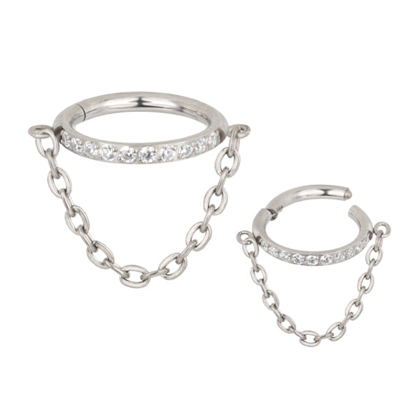 Chained CZ Side Titanium Hinged Ring Hinged Rings 16g - 3/8" diameter (10mm) High Polish (silver)