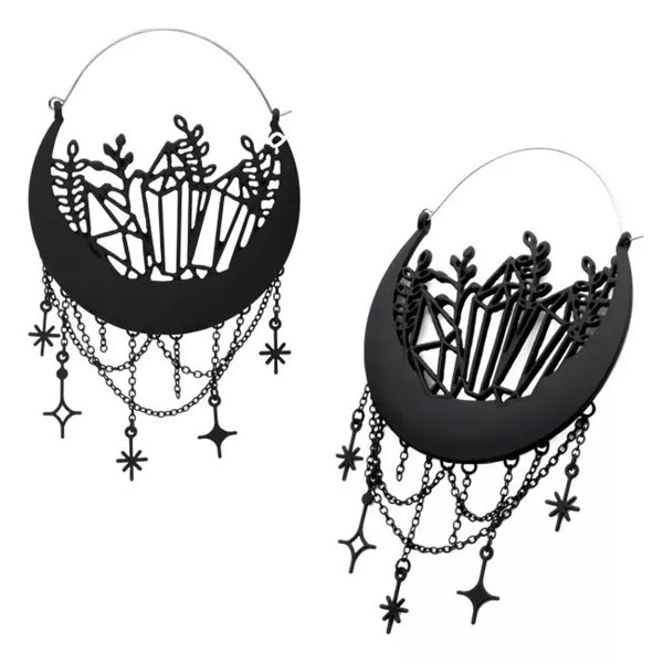 Black Moon Phase with Chains Tunnel Hoops Earrings 20 gauge Black