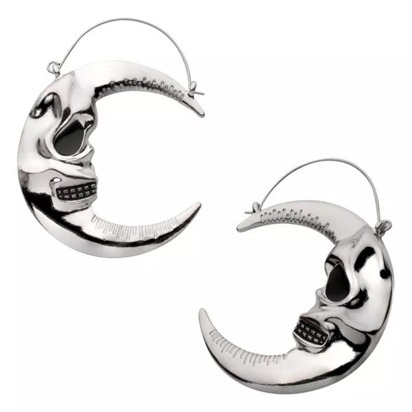 Skull Crescent Moon Tunnel Hoops Earrings 20 gauge Bright Silver
