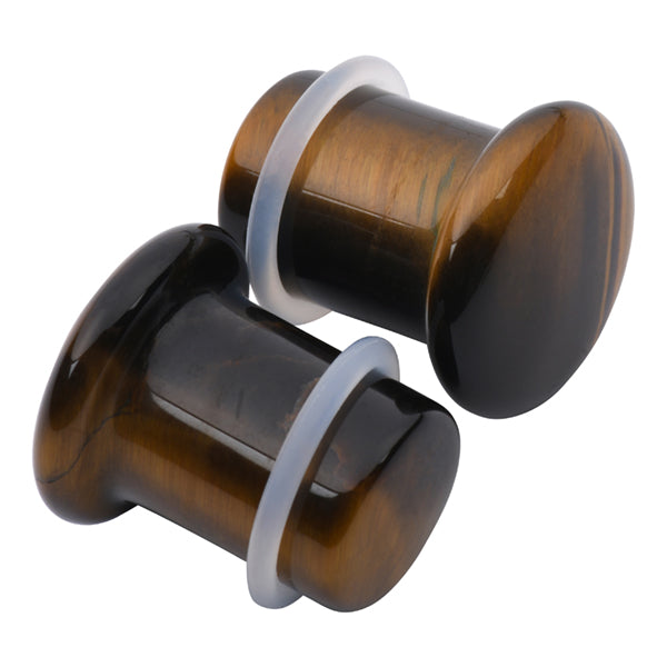 Genuine Tiger's Eye Stone Double Flared Ear Plugs - Flesh Tone, Saddle Stretchers