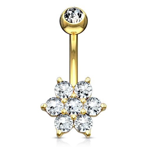 Flower CZ Yellow 14k Gold Belly Barbell Belly Ring 14 gauge - 3/8