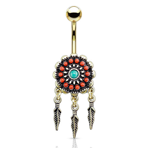 Beaded Shield & Feather Gold Belly Dangle Belly Ring 14 gauge - 3/8" long (10mm) Gold
