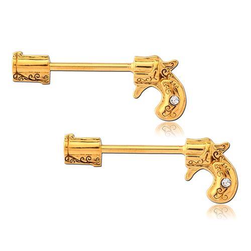 Pistol Gold Nipple Barbells | Tulsa Body Jewelry Pistol Gold Nipple Barbells | Tulsa Body Jewelry