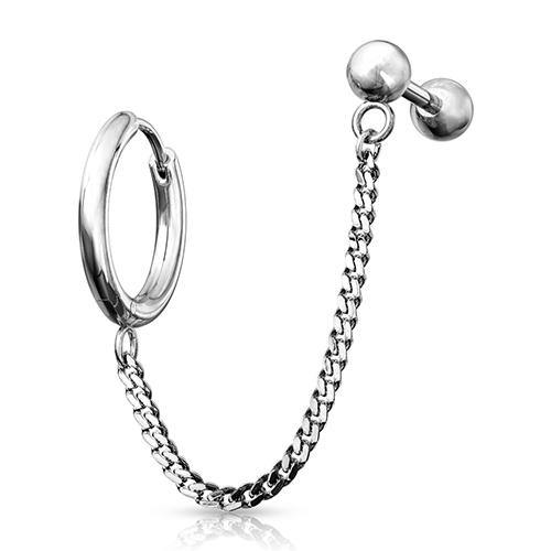 Stainless Cartilage Ring & Chained Barbell Cartilage 16g 1/4" barbell & 18g 3/8" ring Stainless Steel