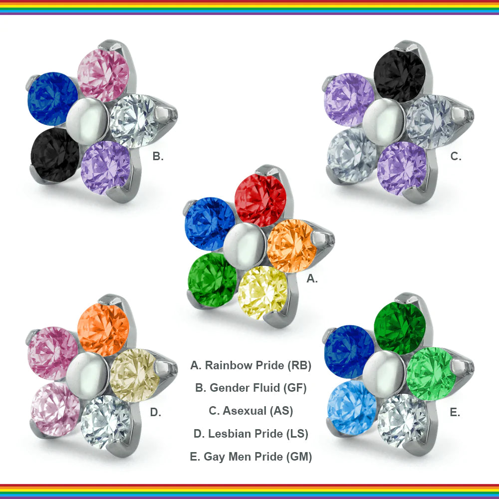Pride Flower CZ Threadless End by NeoMetal Replacement Parts 4.7mm Flower (5x 1.5mm gems) A. Rainbow Pride (RB)
