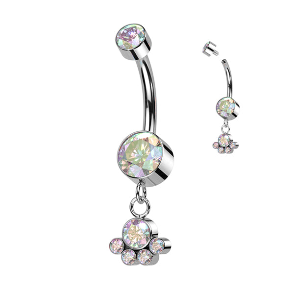 Cluster CZ Titanium Belly Dangle Belly Ring 14g - 3/8" long (10mm) Opalescent