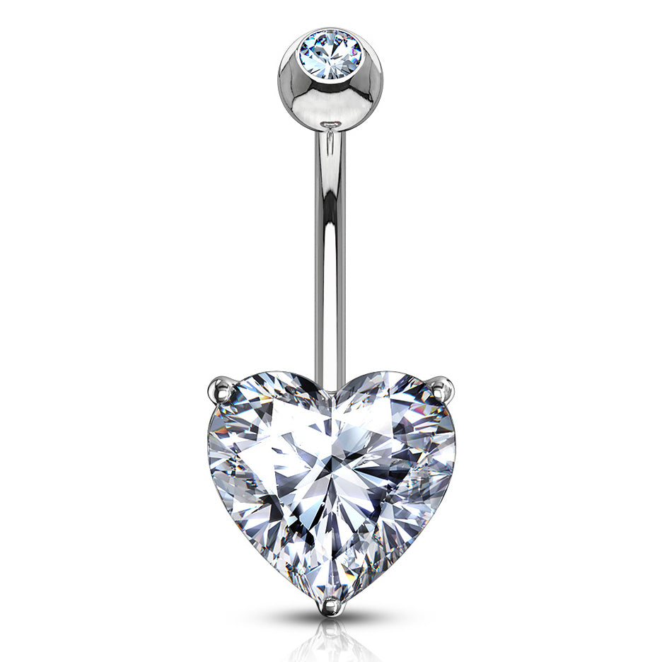 Heart CZ White 14k Gold Belly Barbell Belly Ring 14g - 3/8