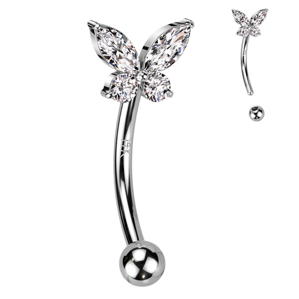 Butterfly CZ White 14k Gold Eyebrow Barbell Eyebrow 16g - 5/16" long (8mm) Clear