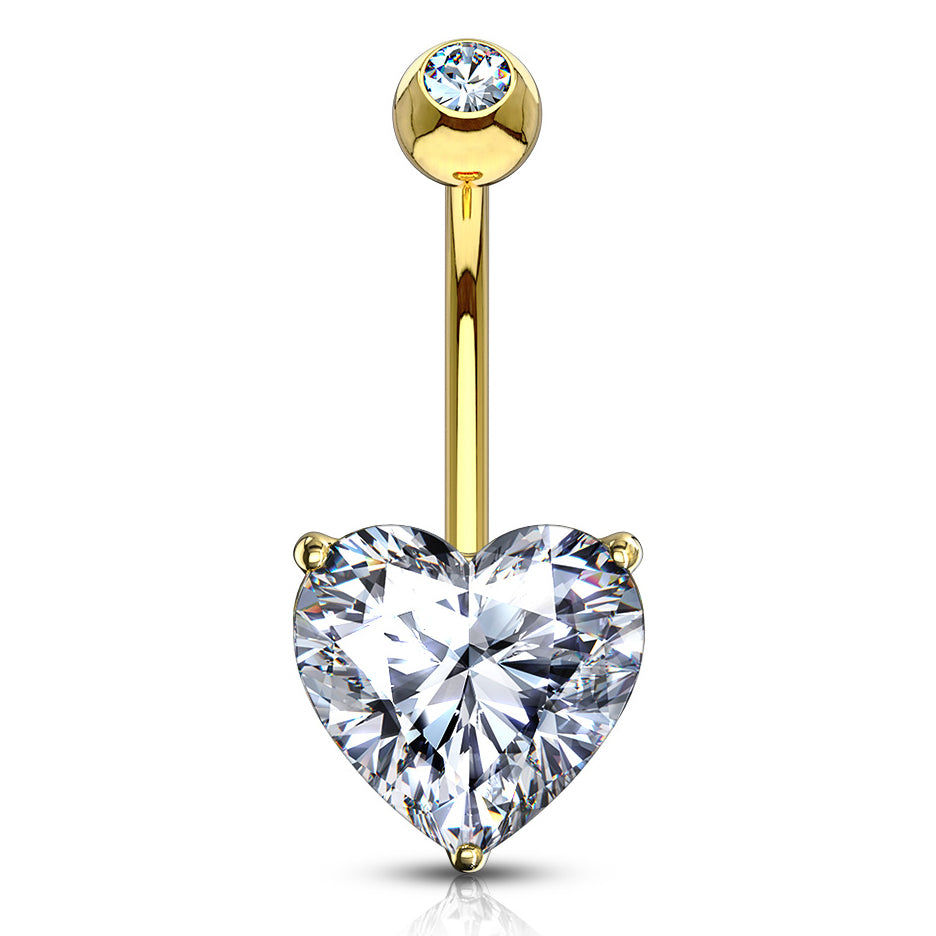 Heart CZ Yellow 14k Gold Belly Barbell Belly Ring 14 gauge - 3/8