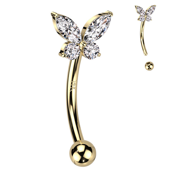 Butterfly CZ Yellow 14k Gold Eyebrow Barbell Eyebrow 16g - 5/16" long (8mm) Clear