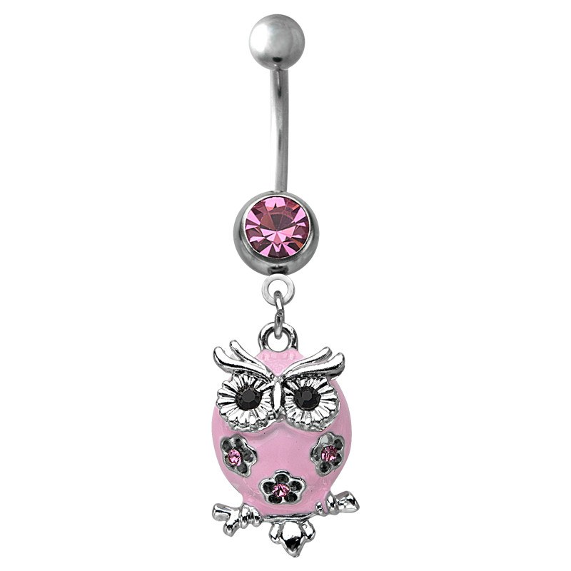 Pink Owl Belly Dangle Belly Ring 14g - 7/16" long (11mm) Stainless Steel
