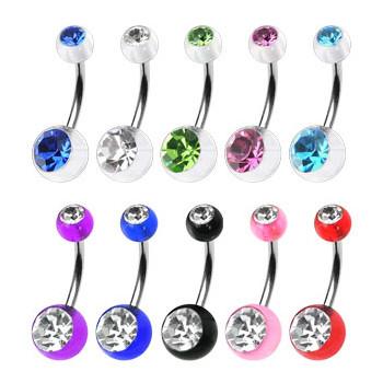 Acrylic CZ Belly Barbell Belly Ring 14g - 7/16" long (11mm) Black w/ Clear CZs