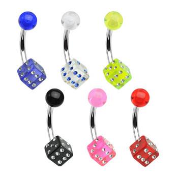 CZ Dice Belly Ring Belly Ring 14g - 7/16" long (11mm) Clear w/ Dark Blue CZs