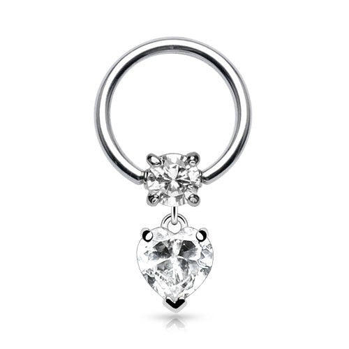 Stainless Captive CZ Heart Dangle Captive Bead Rings 16g - 3/8" diameter (10mm) Clear