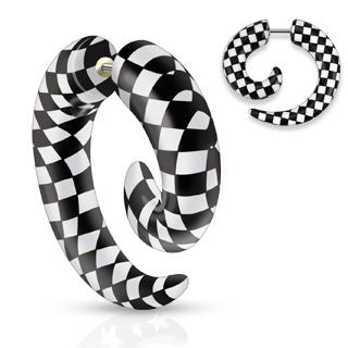 Checkered Fake Spirals Fake Plugs 16 gauge - 1/4" long Black & White