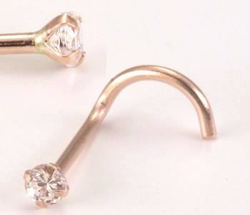 CZ Rose 14k Gold Nostril Screw Nose 20g - 5/16" wearable (8mm) 1.5mm Clear CZ