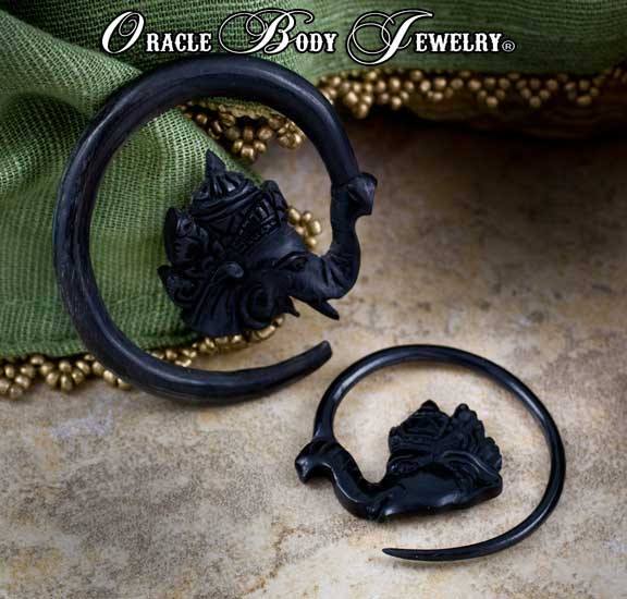 Horn Ganesha Hangers by Oracle Body Jewelry Plugs 2 gauge (6mm) Black Horn