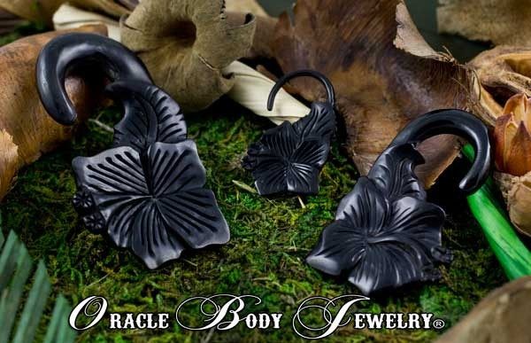 Horn Hibiscus Hangers by Oracle Body Jewelry Plugs 10 gauge (2.5mm) Black Horn