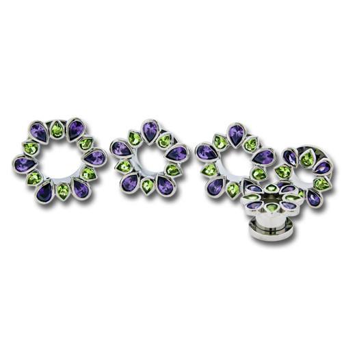 Purple & Green Gem Flower Stainless Tunnels Plugs 9/16 inch (14mm) Stainless Steel