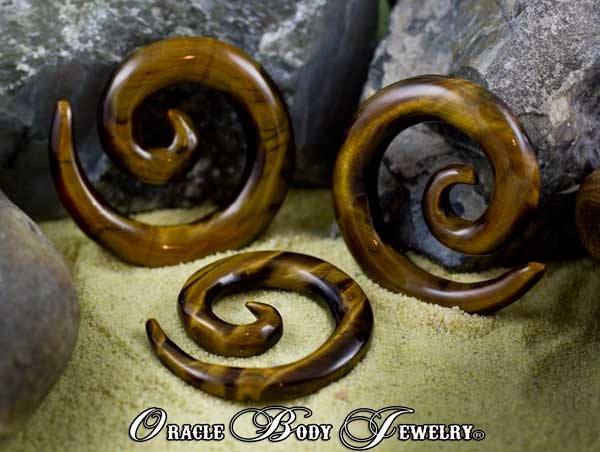 Yellow Tiger Eye Spirals by Oracle Body Jewelry Plugs 0 gauge (8mm) Yellow Tiger Eye