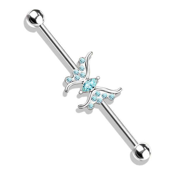 14g Paved CZ Butterfly Industrial Barbell Industrial Barbells 14g - 1-1/2" long (38mm) - 5mm balls Aqua CZ