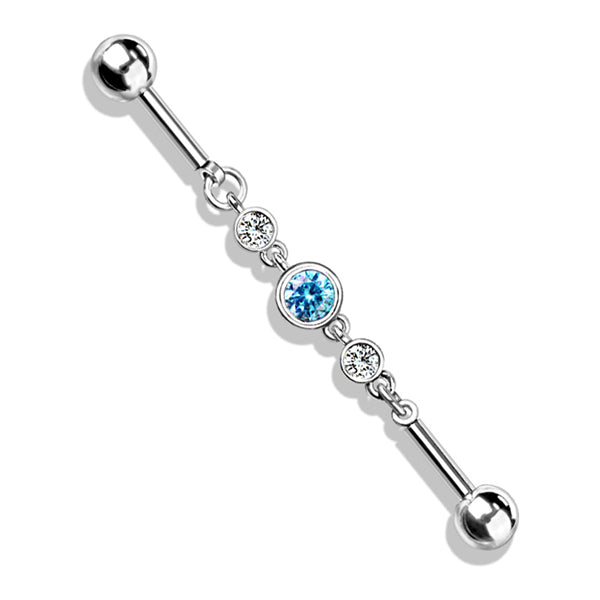 14g Triple Round CZ Chain Industrial Barbell Industrial Barbells 14g - 1-1/2" long (38mm) - 5mm balls Clear/Aqua CZ