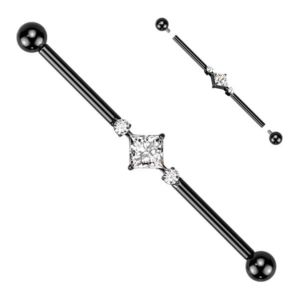 14g Square & Round CZs Titanium Industrial Barbell Industrial Barbells 14g - 1-1/2" long (38mm) - 4mm balls Clear CZ