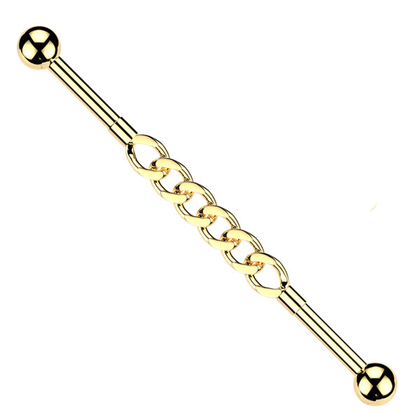 14g Cuban Chain Industrial Barbell Industrial Barbells 14g - 1-1/2" long (38mm) - 5mm balls Gold Stainless