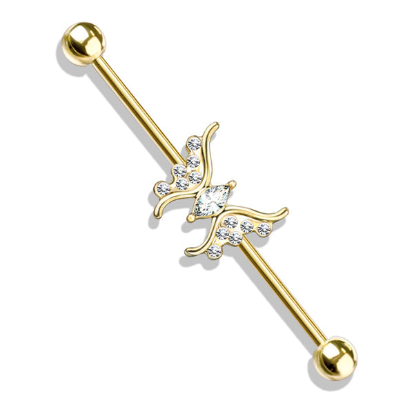 14g Paved CZ Butterfly Industrial Barbell Industrial Barbells 14g - 1-1/2" long (38mm) - 5mm balls Clear CZ
