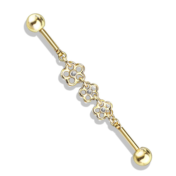 14g Triple Flower Chain Industrial Barbell Industrial Barbells 14g - 1-1/2" long (38mm) - 5mm balls Clear CZ