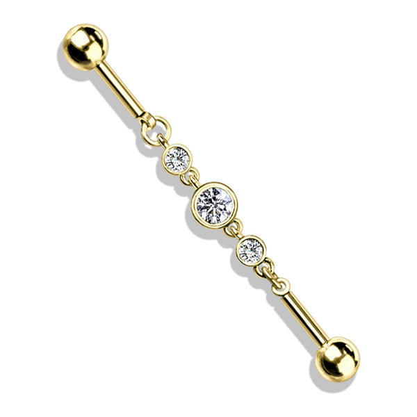 14g Triple Round CZ Chain Industrial Barbell Industrial Barbells 14g - 1-1/2" long (38mm) - 5mm balls Clear CZ