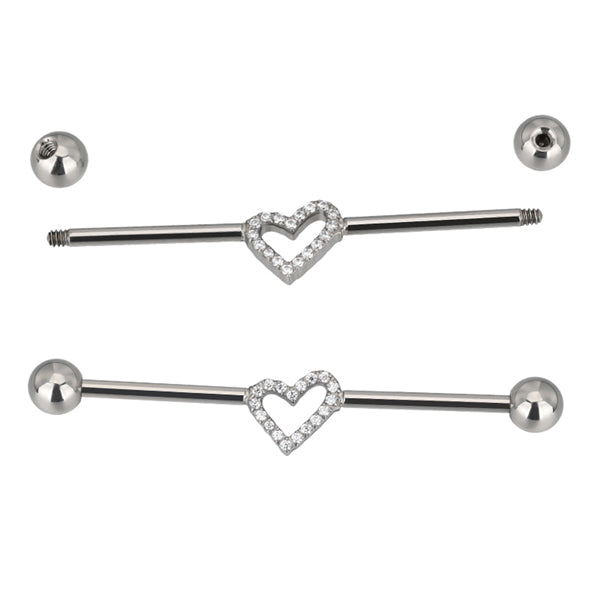 14g Heart CZ Titanium Industrial Barbell Industrials 14g - 1-1/2" long (38mm) - 5mm balls Clear CZs