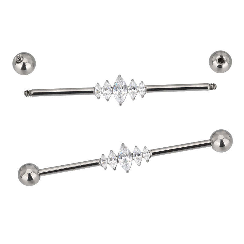 14g Marquise CZ Titanium Industrial Barbell Industrials 14g - 1-1/2" long (38mm) - 5mm balls Clear CZs