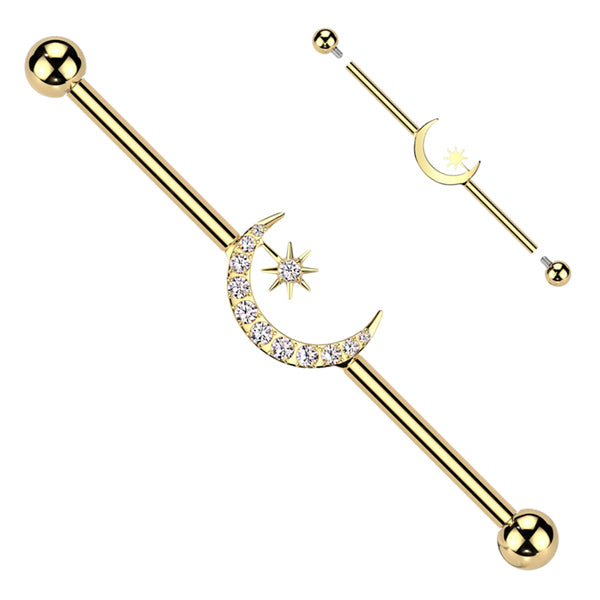 14g Moon & CZ Star Titanium Industrial Barbell Industrial Barbells 14g - 1-1/2" long (38mm) - 4mm balls Clear CZ