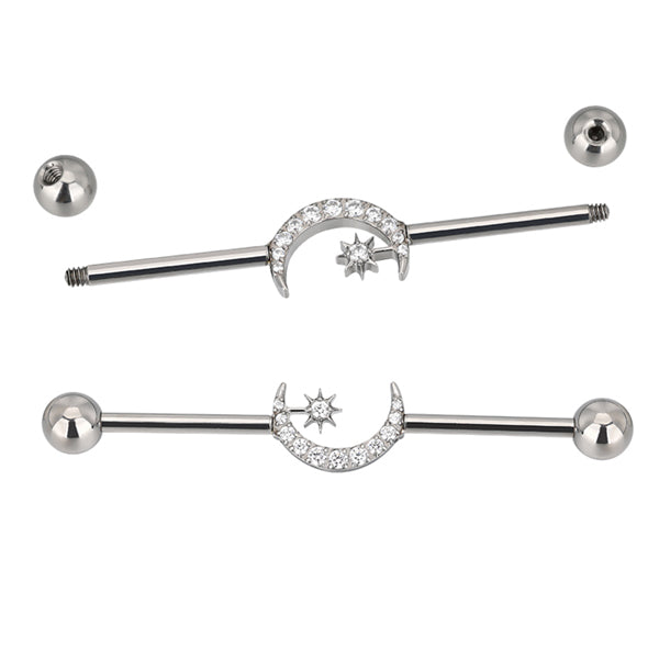 14g Moon CZ Titanium Industrial Barbell Industrials 14g - 1-1/2" long (38mm) - 5mm balls Clear CZs