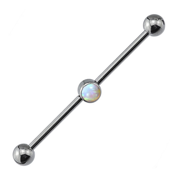 14g Opal Center Titanium Industrial Barbell Industrials 14g - 1-1/2" long (38mm) - 5mm balls White Opal