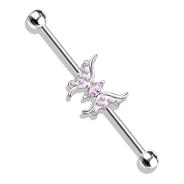 14g Paved CZ Butterfly Industrial Barbell Industrial Barbells 14g - 1-1/2" long (38mm) - 5mm balls Pink CZ