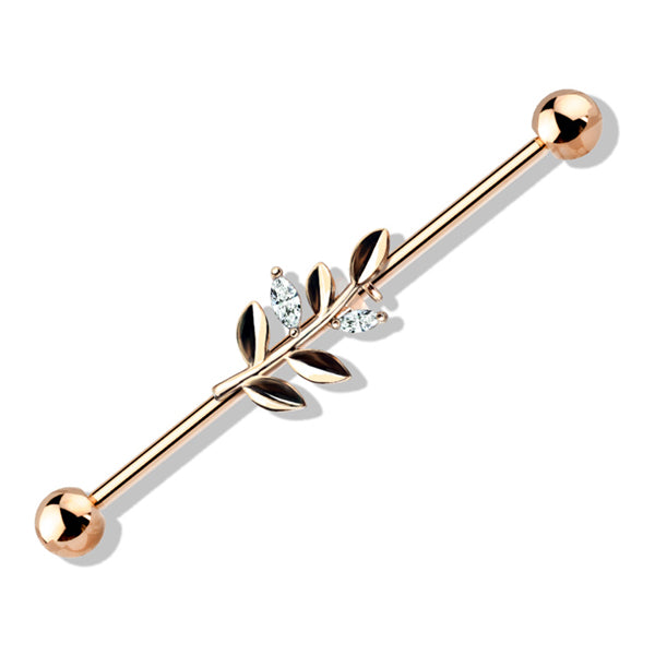14g CZ Leaf Industrial Barbell Industrial Barbells 14g - 1-1/2" long (38mm) - 5mm balls Clear CZ