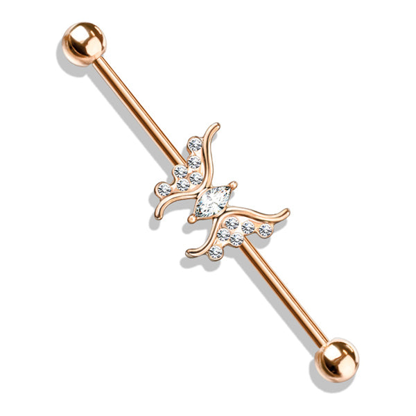 14g Paved CZ Butterfly Industrial Barbell Industrial Barbells 14g - 1-1/2" long (38mm) - 5mm balls Clear CZ
