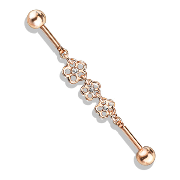 14g Triple Flower Chain Industrial Barbell Industrial Barbells 14g - 1-1/2" long (38mm) - 5mm balls Clear CZ