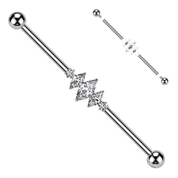 14g 3 Marquise CZ Titanium Industrial Barbell Industrial Barbells 14g - 1-1/2" long (38mm) - 4mm balls Clear CZ