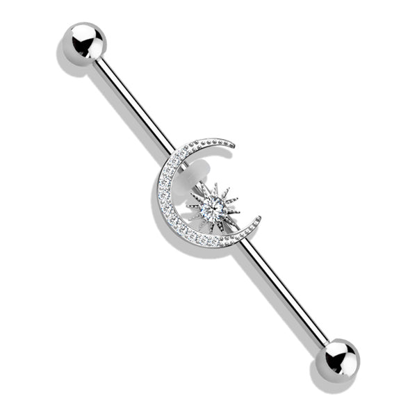 14g CZ Paved Moon Industrial Barbell Industrial Barbells 14g - 1-1/2" long (38mm) - 5mm balls Clear CZ