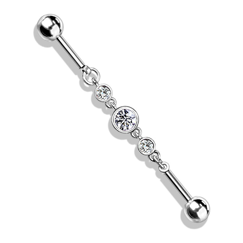 14g Triple Round CZ Chain Industrial Barbell Industrial Barbells 14g - 1-1/2" long (38mm) - 5mm balls Clear CZ