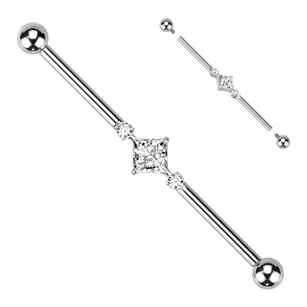 14g Square & Round CZs Titanium Industrial Barbell Industrial Barbells 14g - 1-1/2" long (38mm) - 4mm balls Clear CZ