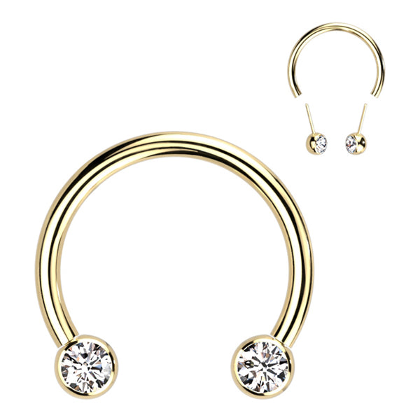 16g Side-set CZ Threadless Circular Barbell Circular Barbells 16g - 3/8" diameter (10mm) - 3mm balls Clear CZs / Gold Titanium