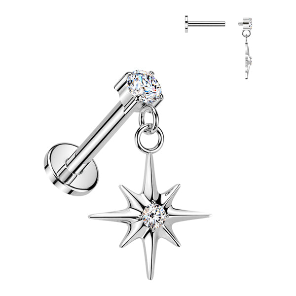 16g CZ Star Titanium Labret Dangle Labrets 16g - 1/4" long (6mm) Clear CZ