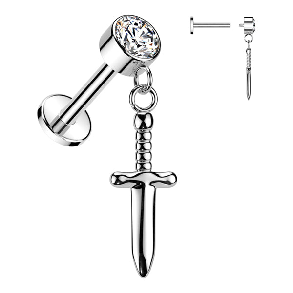 16g Sword CZ Titanium Labret Dangle Labrets 16g - 5/16" long (8mm) Clear