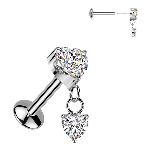 16g CZ Heart Threadless Titanium Labret Dangle Labrets 16g - 5/16" long (8mm) High Polish (silver)