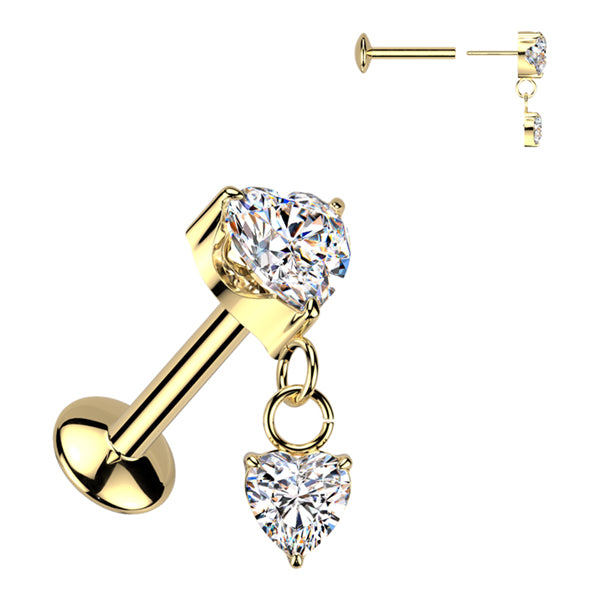 16g CZ Heart Threadless Titanium Labret Dangle Labrets 16g - 5/16" long (8mm) Gold Titanium